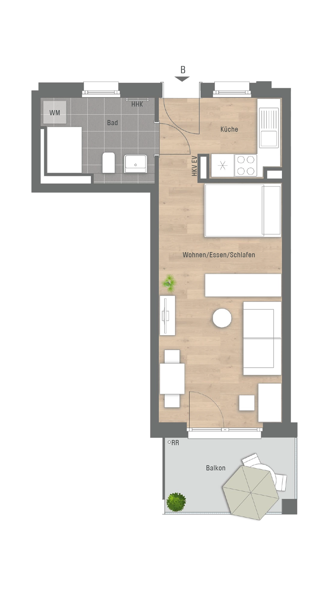 Grundriss 1-Zimmer-Apartment Haus 2 – Wohnungen 3206, 3214, 3222 im Wohnquartier Joseph Bayreuth