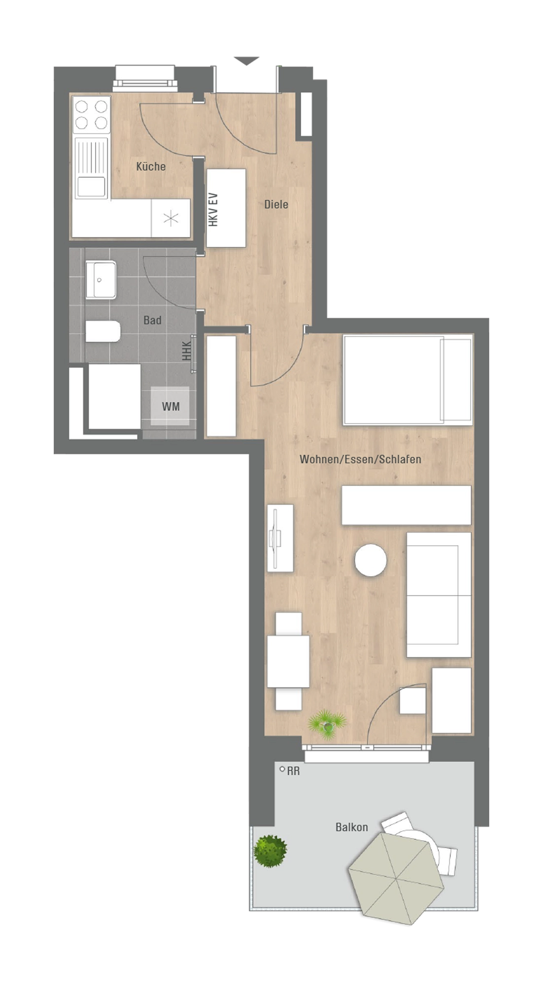 Grundriss 1-Zimmer-Apartment Haus 2 – Wohnungen 3204, 3212, 3220 im Wohnquartier Joseph Bayreuth