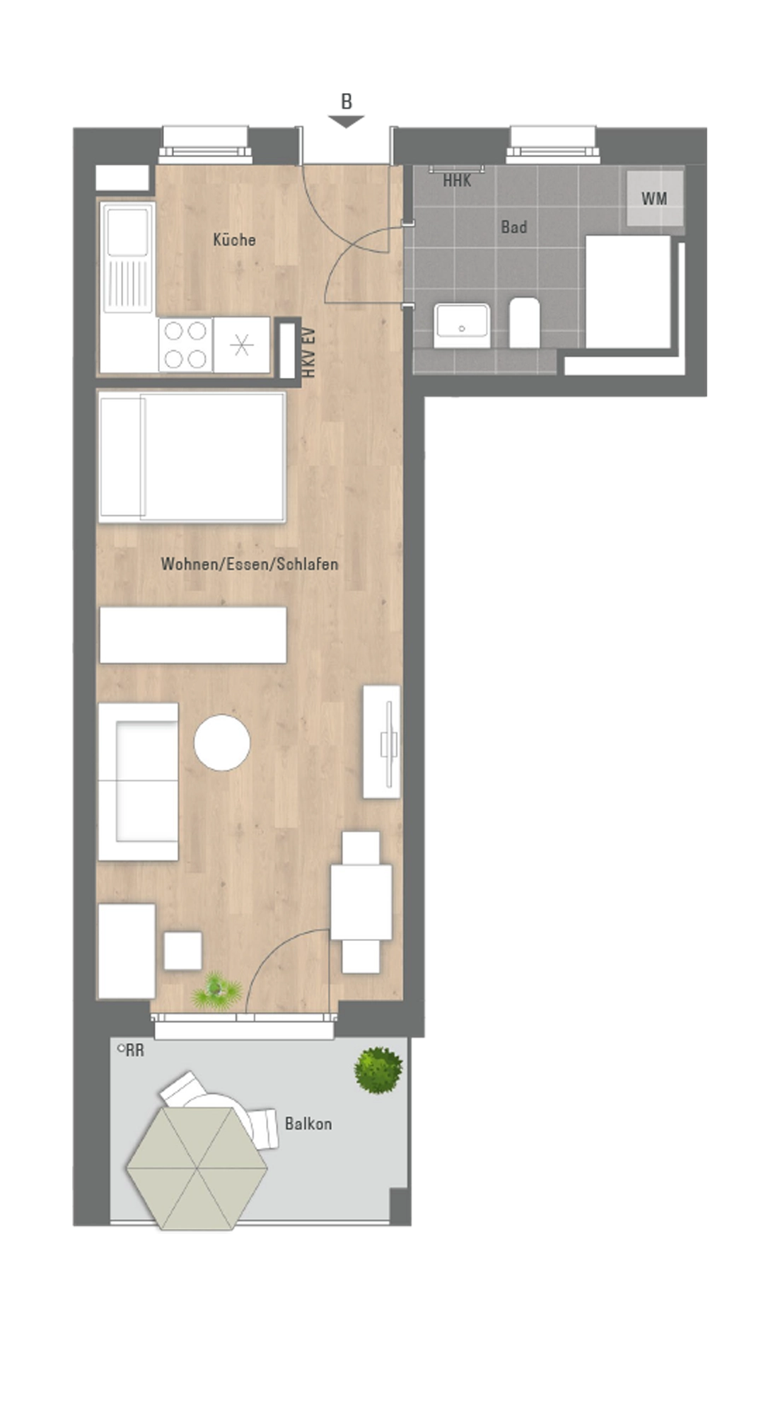 Grundriss 1-Zimmer-Apartment Haus 1 – Wohnungen 3103, 3107, 3111 im Wohnquartier Joseph Bayreuth