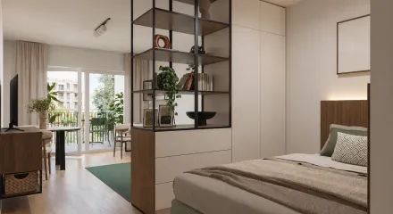 Wohnzimmer mit großen Fenstern in einer Neubauwohnung im Wohnquartier Joseph in Bayreuth